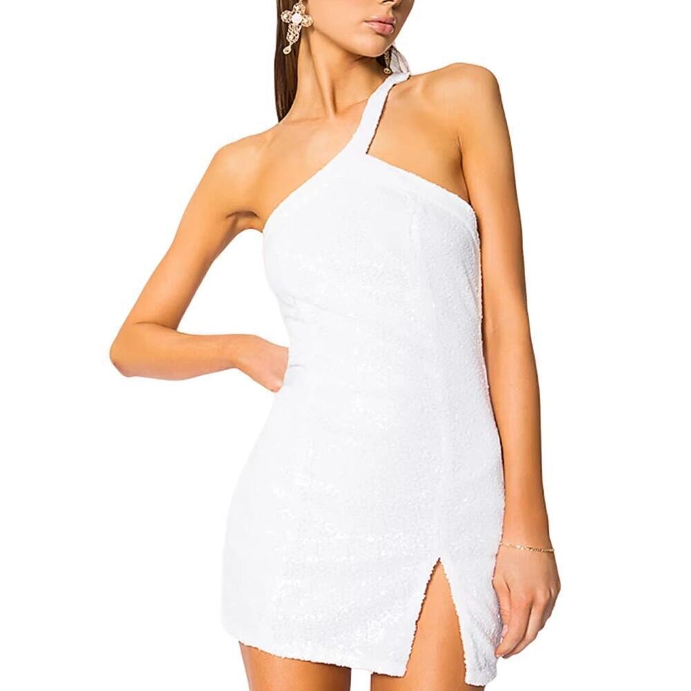 Superdown White Sequin Mini Bodycon Cocktail One Shoulder Dress • Size S ⬇️